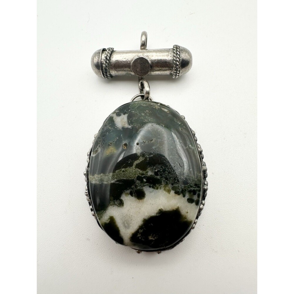 Vintage Silver Tone Moss Agate Pendant